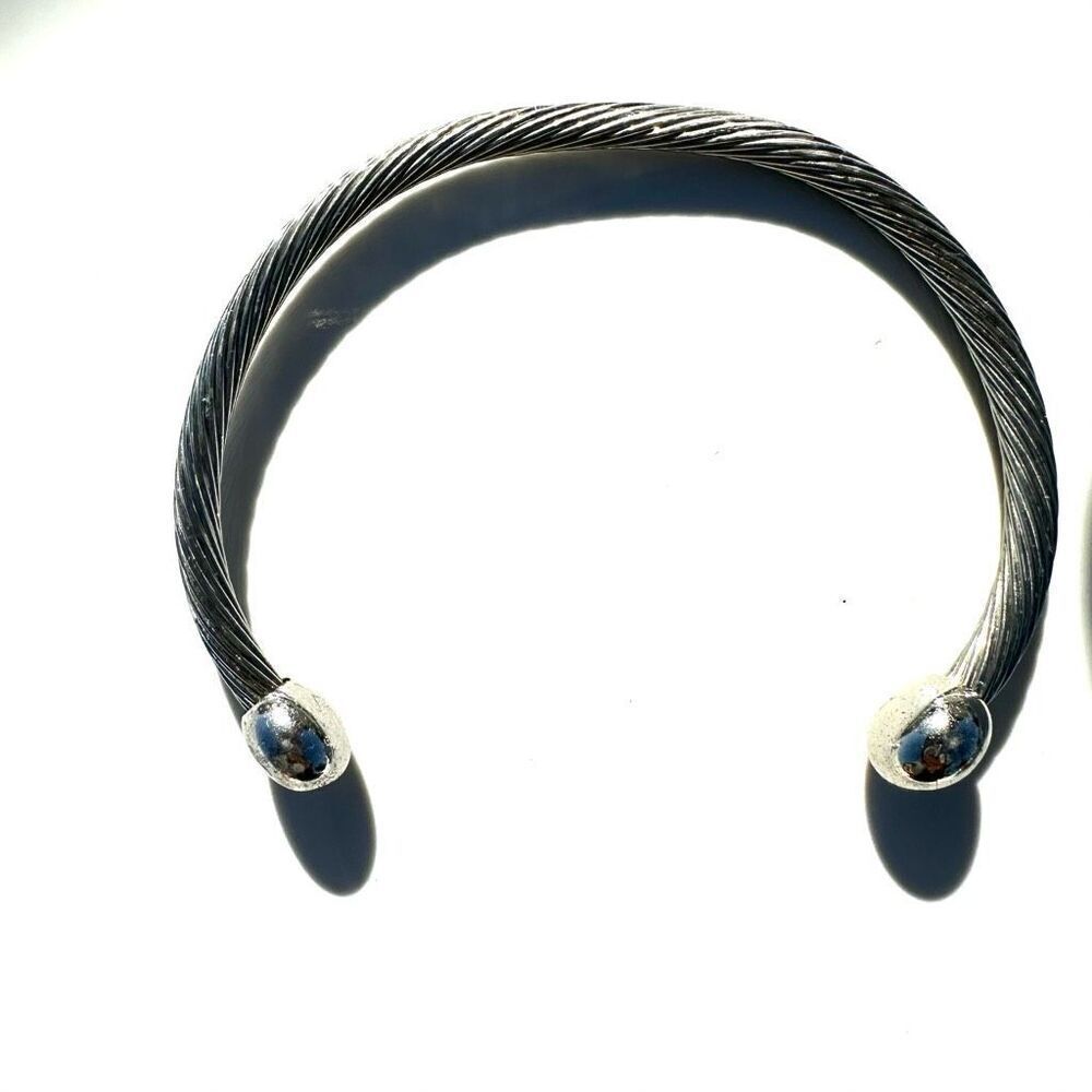 Textured sterling silver silver tone open cuff bracelet